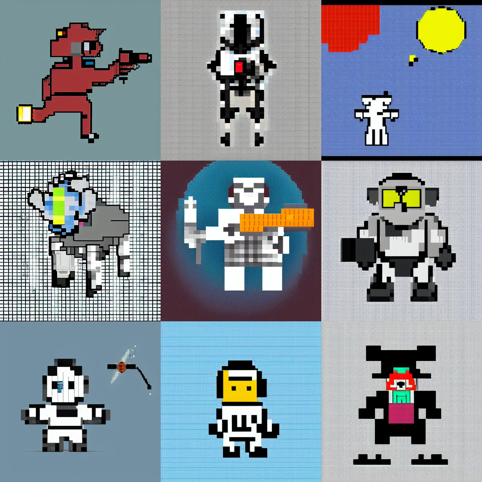 Prompt: biped cow in a space suit holding a laser gun, minimalist, pixel art