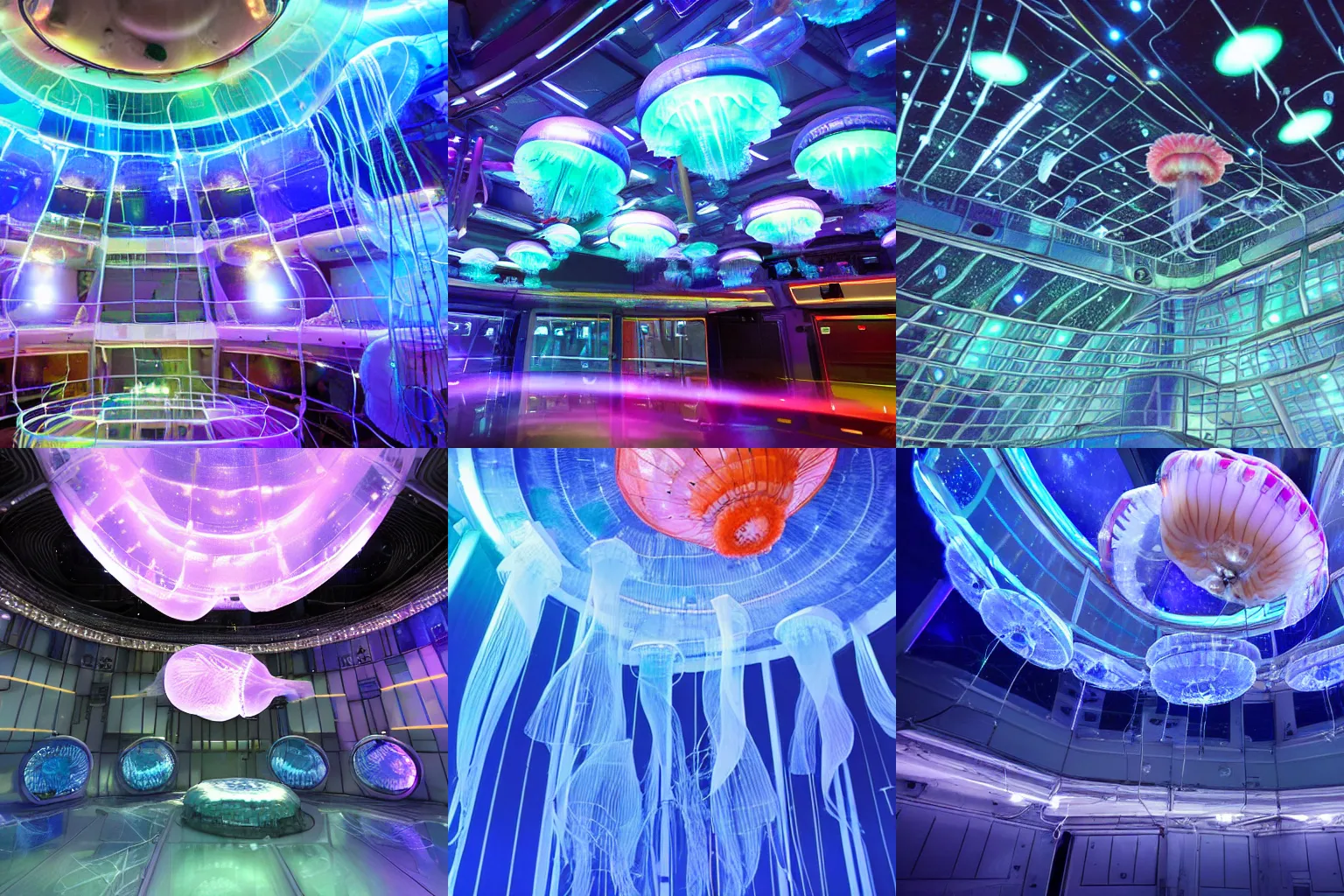 Prompt: jellyfish space station, buildings and lights
