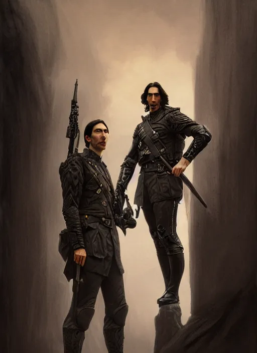 Image similar to a portrait of john oliver standing next to adam driver, stoic, military uniform, fantasy, intricate, beautiful, highly detailed, charcoal, centered, dark, smokey, digital painting, artstation, concept art, smooth, sharp focus, illustration, art by artgerm and greg rutkowski and alphonse mucha