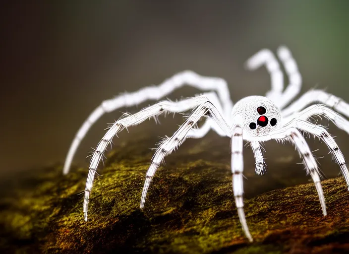 Image similar to ( white crystal - clear spider ) with ( huge red eyes ), in a ( foggy glowing forest ). highly detailed 8 k. intricate. lifelike. soft light. fantasy horror style. cinematic post - processing, dof.