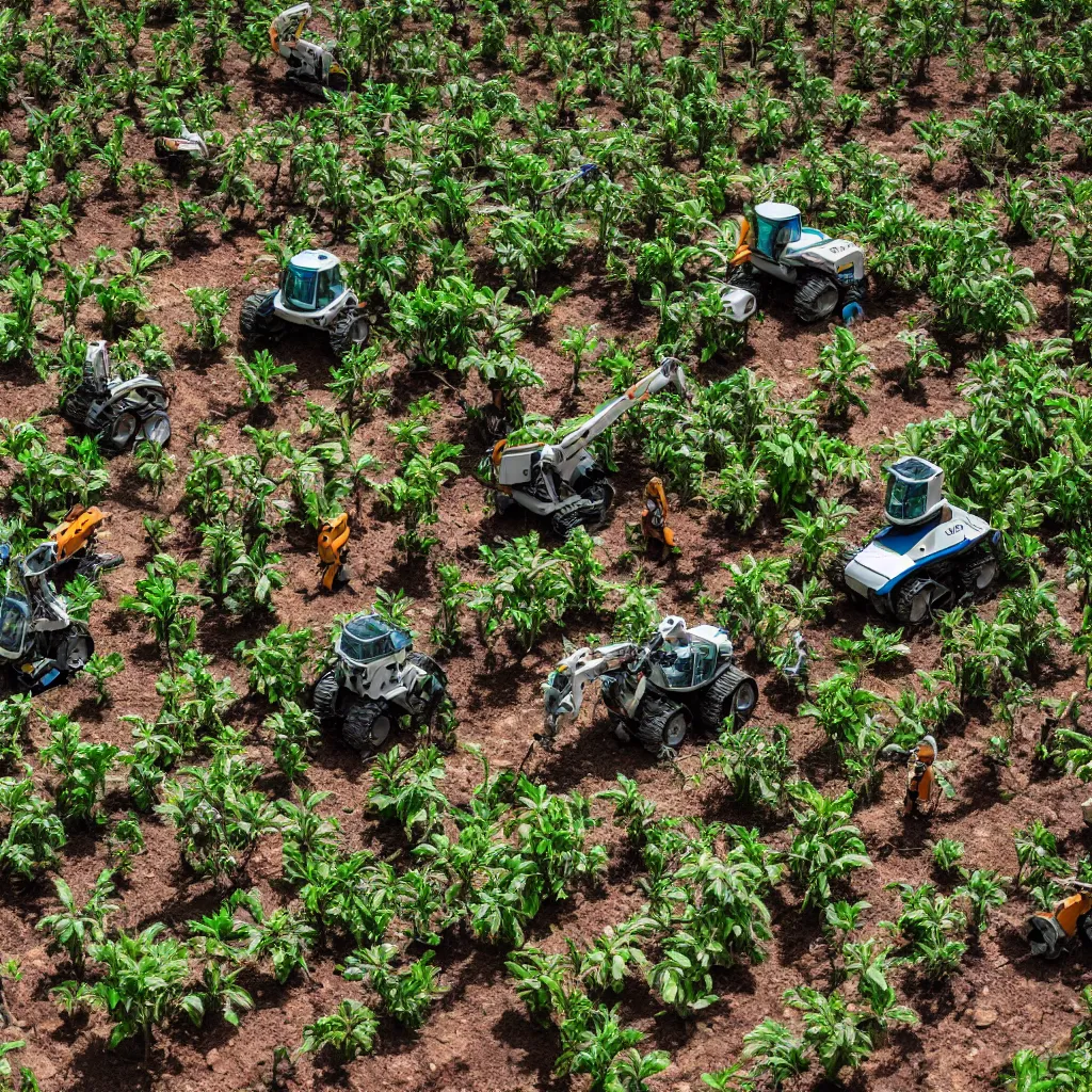 Image similar to robots harvesting a permaculture jungle in the desert, XF IQ4, 150MP, 50mm, F1.4, ISO 200, 1/160s, natural light