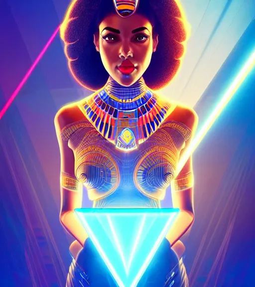 Image similar to symmetry!! egyptian princess of technology, solid cube of light, hard edges, product render retro - futuristic poster scifi, lasers and neon circuits, brown skin gorgeous egyptian princess, intricate, elegant, highly detailed, digital painting, artstation, concept art, smooth, sharp focus, illustration, dreamlike, art by artgerm