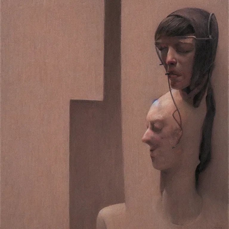 Image similar to woman in headphones portrait with a paper bag over the head, highly detailed, artstation, art by zdislav beksinski, wayne barlowe, edward hopper