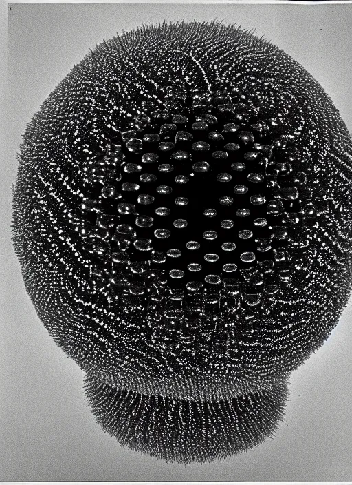 Image similar to realistic object photo of molecule made of black and white ping pong balls, hairy fluffy caterpillars, readymade, dadaism, fluxus, man ray, x - ray, electronic microscope 1 9 9 0, life magazine photo