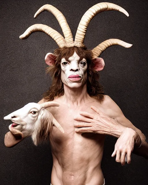 Image similar to actor Mick Jagger in Elaborate Pan Satyr Goat Man Makeup and prosthetics with large goat ears designed by Rick Baker, Hyperreal, Head Shots Photographed in the Style of Annie Leibovitz, Studio Lighting