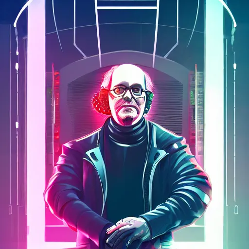 Image similar to cyberpunk benjamin franklin as the leader of a futuristic communist society, cybernetics, sharp lines, digital, artstation, colored in