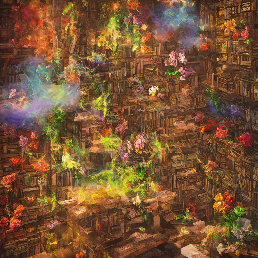 Prompt: oil paint impasto relief of chromatic library, spiral, unreal engine, global illumination, flowers, smoke, mysterious, comfort