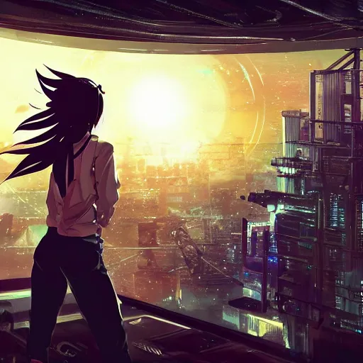 Prompt: android mechanical cyborg anime girl overlooking overcrowded urban dystopia. midnight long hair. gigantic future city. pitch black night. raining. makoto shinkai. wide angle. distant shot. dark and dreary. solar eclipse.