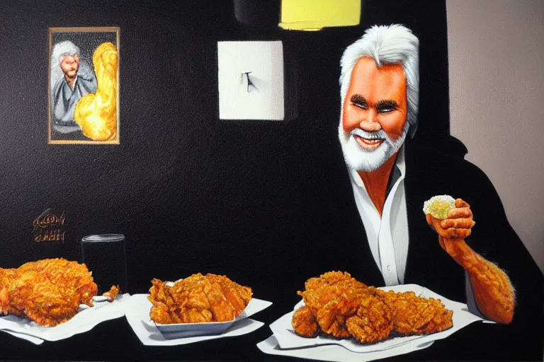 Image similar to black velvet painting of kenny rogers with fried chicken in frame