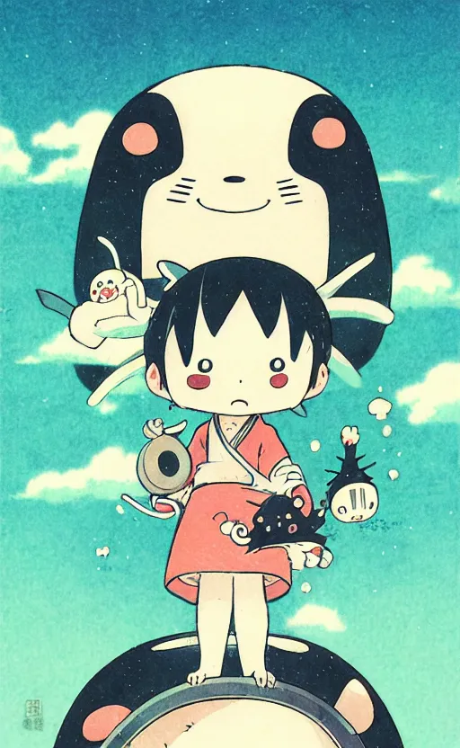 Prompt: a cute yokai card from 1 9 5 0, illustration, clear sky background, lush landscape, concept art, anime key visual, trending pixiv fanbox, by wlop and greg rutkowski and makoto shinkai and studio ghibli and kyoto animation, symmetrical facial features, portable yokai pet companion, box art