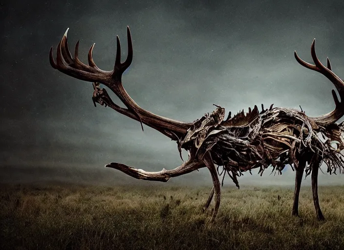 Prompt: photograph of a horrifying nature monster made of animal parts, tree parts, bones, antlers and an extremely long neck, in a meadow, dramatic lighting, full frame photography