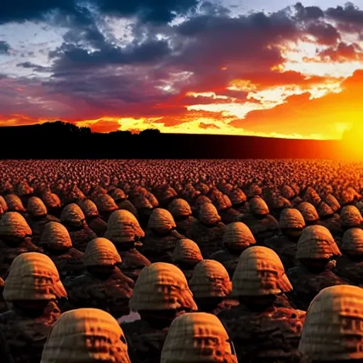 Image similar to an army of a million Barrack Obama’s on the battlefield with a beautiful sunset in the distance behind them, high contrast 4k hd photograph,