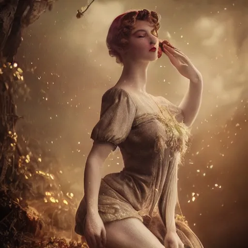 Image similar to full body pose, hyperrealistic vintage photograph of a adult fairy woman, dim volumetric lighting, 8 k, octane beautifully detailed render, extremely hyper detailed, intricate, epic composition, cinematic lighting, masterpiece, trending on artstation, very very detailed, stunning, hdr, smooth, sharp focus, high resolution, award, winning photo, dslr, 5 0 mm