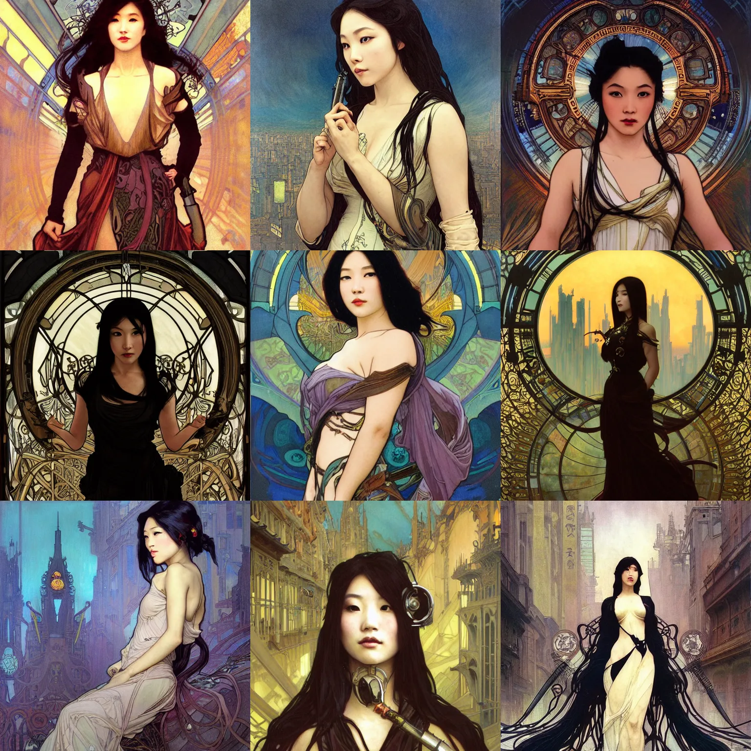 Prompt: stunning, breathtaking, awe-inspiring award-winning concept art nouveau painting of attractive Ashley Liao, with anxious, piercing eyes, in an endlessly sprawling post-apocalyptic industrial city at dusk, by Alphonse Mucha, Michael Whelan, William Adolphe Bouguereau, John Williams Waterhouse, and Donato Giancola, cyberpunk, extremely moody lighting, glowing light and shadow, atmospheric, cinematic, 8K