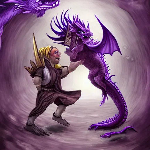 Image similar to purple dragon tames a gnome, fantasy illustration