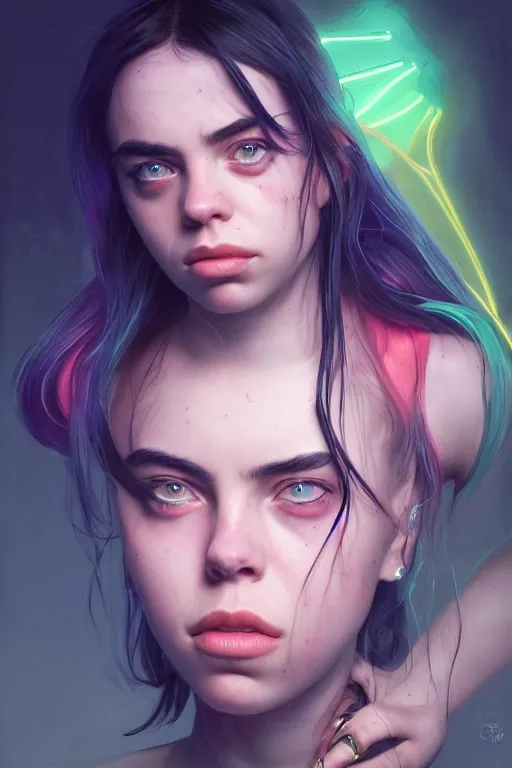 Image similar to portrait of a Billie eilish with a scaly skin and biotechnical parts and neon light by Artgerm and Greg Rutkowski , digital painting, highly detailed, trending on artstation