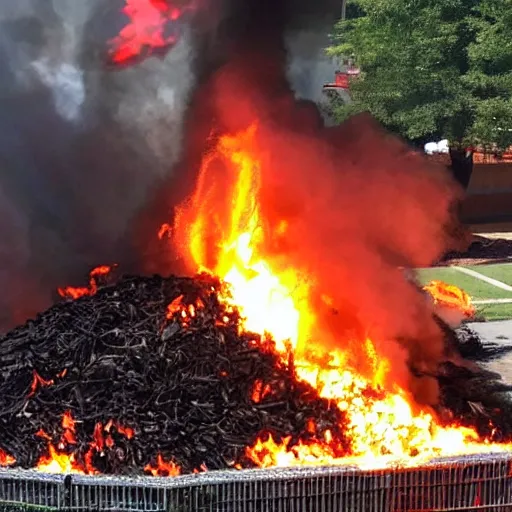 Prompt: Pallets stacked with bags of mulch at Lowe's, on fire