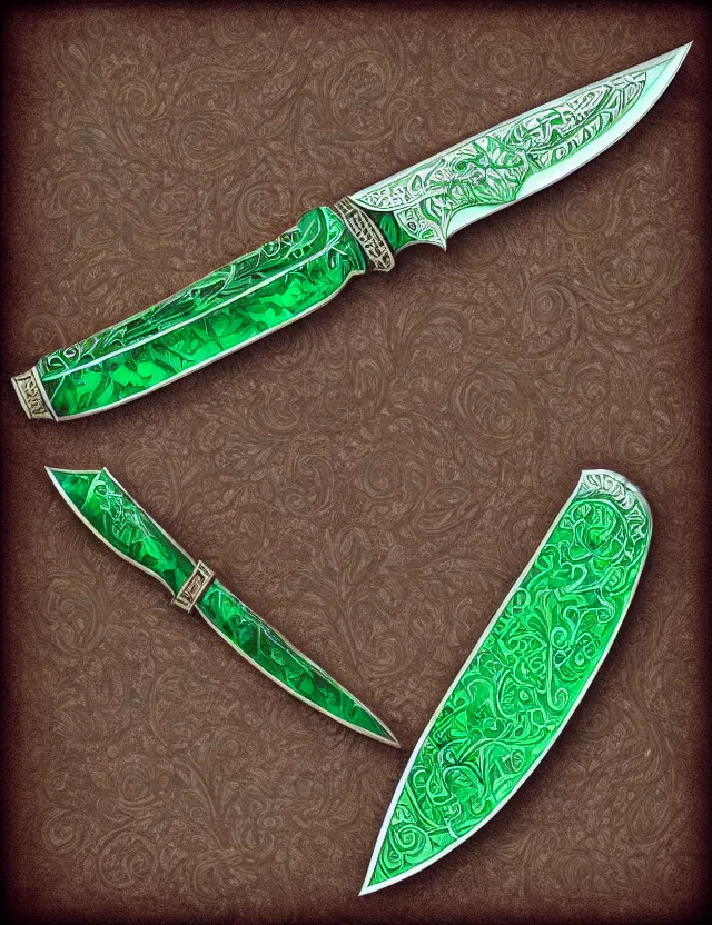 Image similar to ornate emerald butchery knife, fantasy illustration, medieval era, blank background, studio lighting, hand - drawn digital art