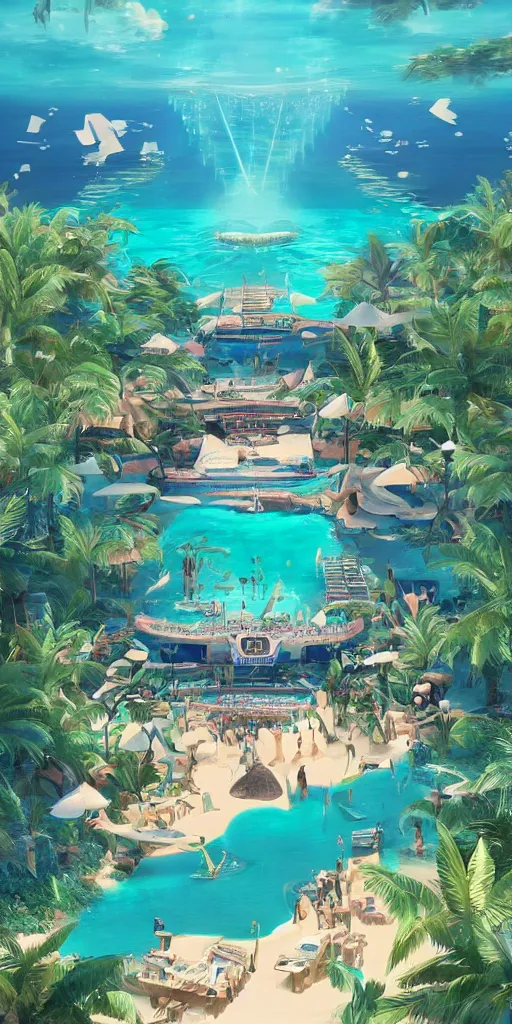 Prompt: boeing 7 4 7 transformed in a beach bar in the middle of a paradisiac lagoon full of tropical fish, butterflies, palms and surrounded by riverfalls, global illumination lighting artstation, rossdraws