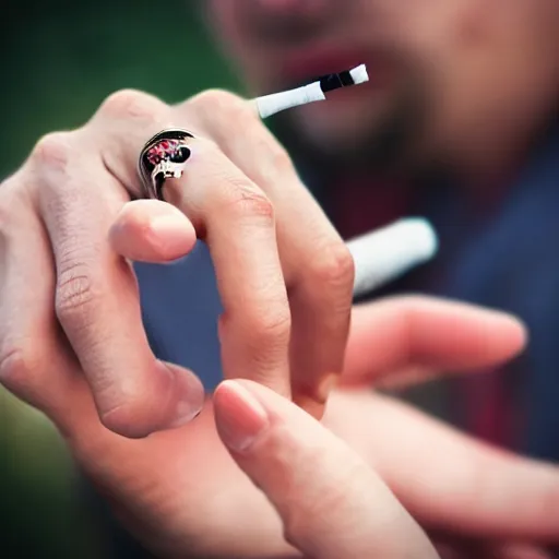 Image similar to normal man's hand with five fingers and a ring and a cigarette between the fingers