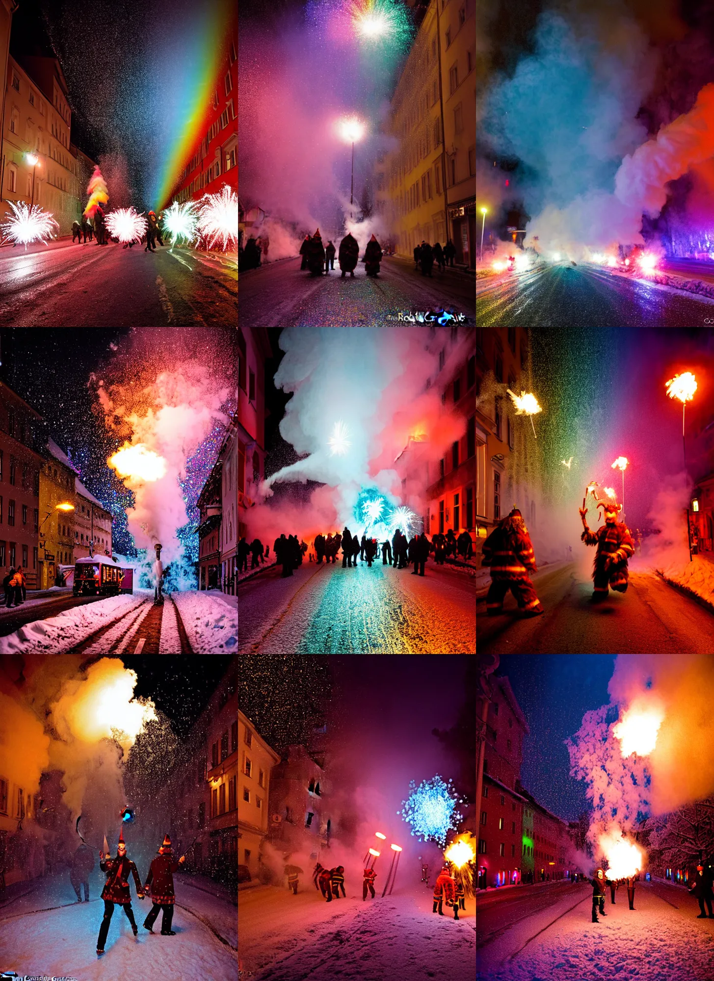 Prompt: kodak portra 4 0 0, winter, snowflakes, rainbow coloured rockets chaos glitter, award winning dynamic photo of a bunch of hazardous krampus between exploding fire barrels by robert capas, motion blur, in a narrow lane in salzburg at night with colourful pyro fireworks and torches, teal lights