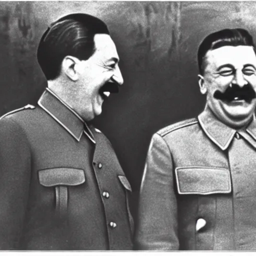 Prompt: stalin laughing along hitler in a ww 2 photograph