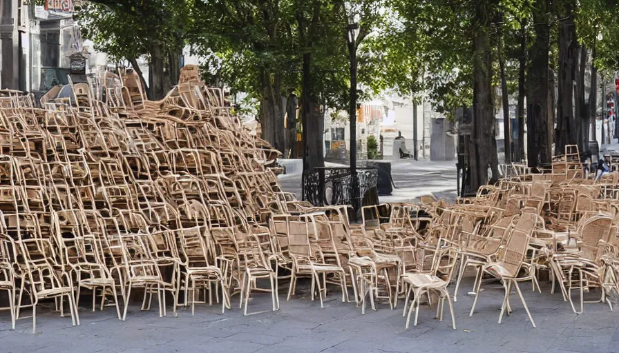 Image similar to chairs piled up ten meters high along the walls of the street, hyperrealistic shaded