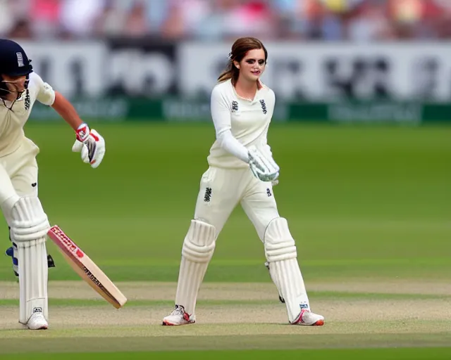 Prompt: emma watson opens the batting for england at lord's cricket ground, sports photography, bokeh, dramatic, filmic