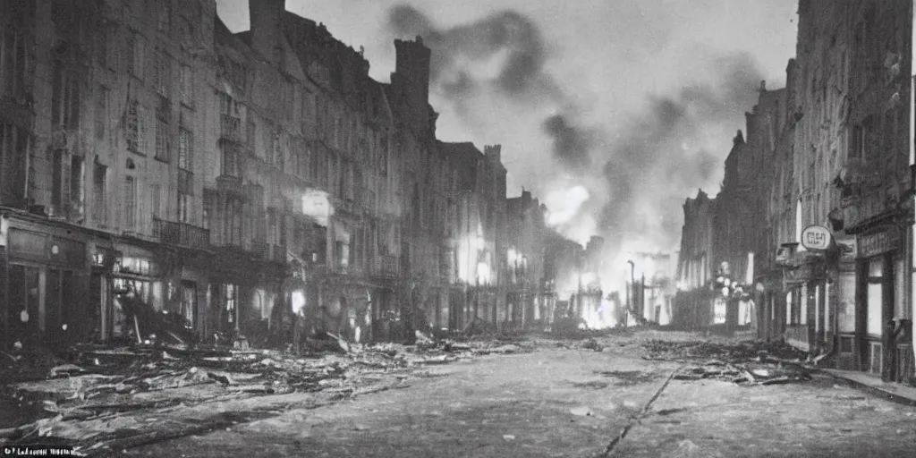 Image similar to a colour photo taken at night of saint - malo street on fire after a bombing in 1 9 4 5