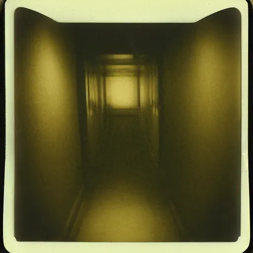 Image similar to a terrifying fungus monster at the end of a hallway, dark!, creepy, nightmare fuel!!!, horror, horrifying, unsettling, uncanny valley!, old polaroid, expired film,