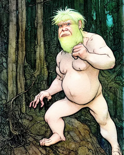 Image similar to a realistic and atmospheric watercolour fantasy character concept art portrait of a short fat chibi albino bigfoot in the forest. by rebecca guay, michael kaluta, charles vess and jean moebius giraud