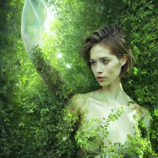 Image similar to a highly detailed ethereal full body digital image of a elegantly posed dancing futuristic woman beautifully cocooned in realistic green leafy foliage liquid like leaves shot, full body shot, by Andrew Chiampo, artstation, and Frederik Heyman, extremely detailed woman, stunning volumetric lighting, hyper realism, fantasy 4k