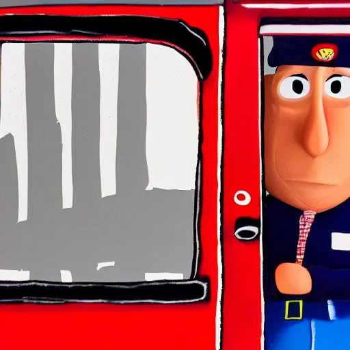 Prompt: postman pat visits a gallery with his cat jess, red van, white gallery, contemporary art, photorealistic