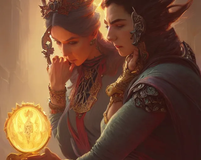 Image similar to two ronnies, deep focus, d & d, fantasy, intricate, elegant, highly detailed, digital painting, artstation, concept art, matte, sharp focus, illustration, hearthstone, art by artgerm and greg rutkowski and alphonse mucha