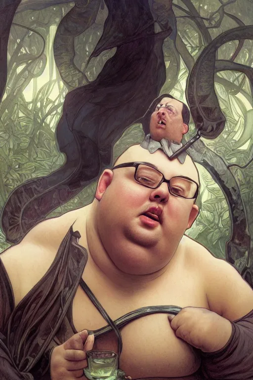 Image similar to portrait of the nostalgia critic as a pathetically weak chubby man, forest, full body, obese, fantasy, intricate, elegant, highly detailed, digital painting, artstation, concept art, sharp focus, illustration, art by artgerm and greg rutkowski and alphonse mucha