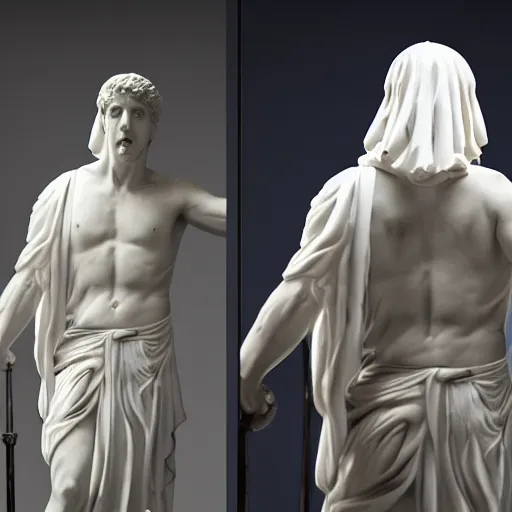 Prompt: a realistic greek white marble statue of adam sandler wearing a ghostly toga brandishing a short sword, displayed in a museum art gallery, moody, dramatic lighting, dark, photorealistic, cinematic scene, super detailed, hyper realistic, bright lights, 8 k