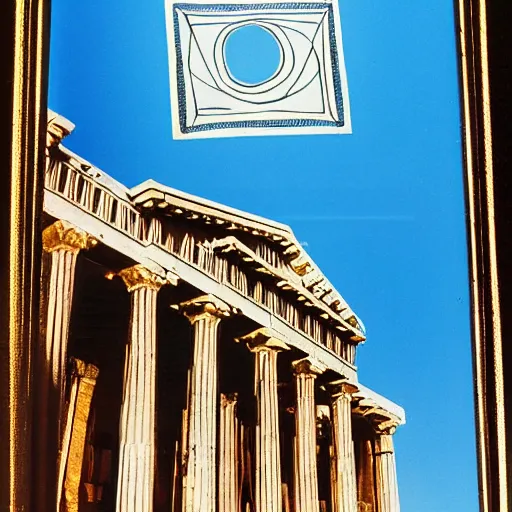 Prompt: A photo of Greek architecture floating in an infinite blue sky in 1993, tarot-like landscape it\'s lit by the camera flash. Greek architecture, mason, occult tarot symbols.