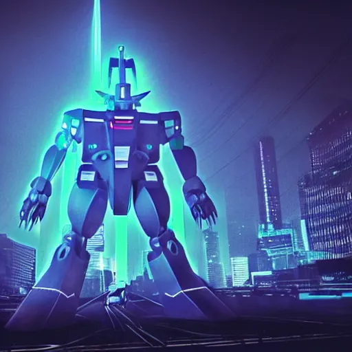 Image similar to Nostalgic Daguerreotype photo of Futuristic Kaiju Evangelion-Gundam Mecha Robot guarding futuristic cyberpunk Tokyo city, misty xparticles. blacklight neon glow. Hyperrealism