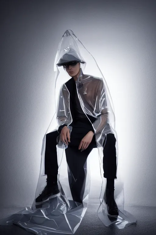 Prompt: an ultra high definition professional high fashion portrait studio full length photograph of a male model wearing a transparent pearlescent raincoat and neon visor sitting on a sofa in an icelandic black rock environment at dawn. no artefacts. extremely detailed. stark. refraction. shallow depth of field. volumetric light and shadow. ray tracing. light rays.