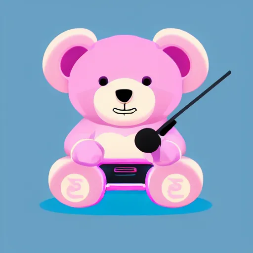 Image similar to iconic vector logo of cute cuddly pink bear with a podcast microphone, melodic, headphones, music, streaming, dreamy, isometric, adorable, octane render, golden ratio, 4k UHD, iconic design