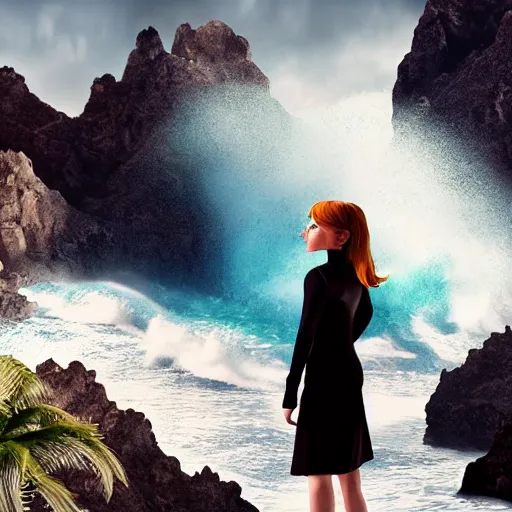 Image similar to photograph with stylish lens effect, pixar inspired, stylistic lighting, 1 9 8 0's action moviee style, weta digital, octane render, a woman in a black dress and a hair covering standing in the cliffside entrance to a cave alongside crashing dramatic ocean waves with sea foam and sea spray