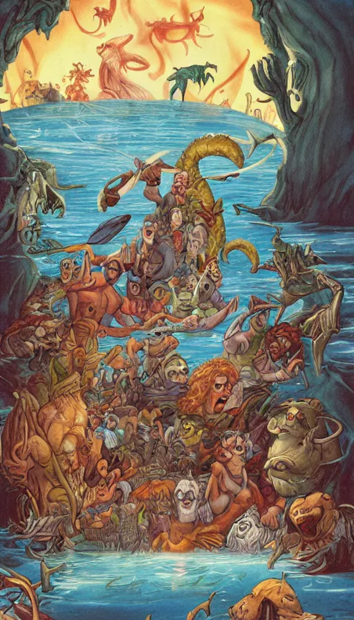 Image similar to man on boat crossing a body of water in hell with creatures in the water, sea of souls, by don bluth