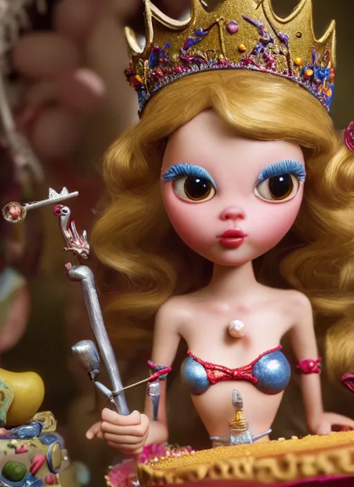 Image similar to highly detailed closeup, face profile portrait of a tin toy fairytale princess wearing a crown eating cakes, bikini, unreal engine, by nicoletta ceccoli, mark ryden, lostfish, dan decarlo, bob clampett, max fleischer, global illumination, detailed and intricate environment