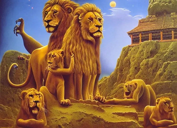 Image similar to “A surreal oil painting of an ancient temple guarded by lions, by Zdzisław Beksiński and HP Lovecraft, cosmic portals, realistic shading, complimentary colors, vivid colors, aesthetically pleasing composition, masterpiece, 4k, 8k, ultra realistic, super realistic”