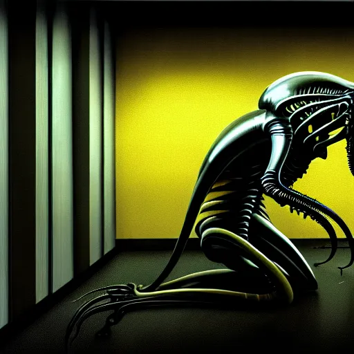 Image similar to black glossy xenomorph, alien movie, endless empty office building, pale yellow wallpaper, moist brown carpet, dim fluorescent lighting, artstation, ultra detailed, creepy, dramatic lighting, photorealistic, art by h. r. giger