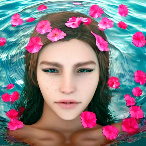 Prompt: epic portrait of a girls face laying in water, surrounded by loose petals, beautiful, high detail, unreal engine, realistic