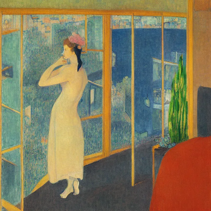 Image similar to portrait of woman in night gown, blue cat and aloe house plant with brutalist city at night seen from a window frame with curtains. agnes pelton, giorges de la tour, bonnard, henri de toulouse - lautrec, utamaro, matisse, monet