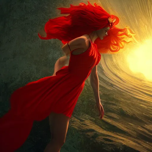 Image similar to goddes of the sun, beautiful, stunning, red golden dress, whirling with power in the sky, unreal engine, concept art, photorealistic, cinematic, james jean, akira, satochi con