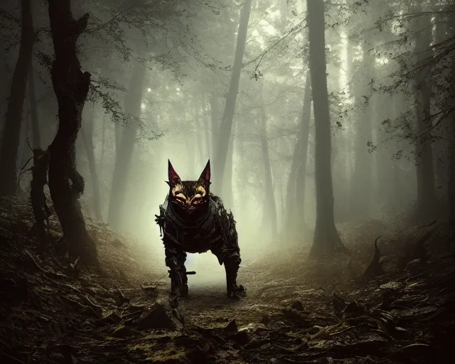 Image similar to 5 5 mm portrait photo of an armored demonic cat with antlers, in a magical forest. dark atmosphere. art by greg rutkowski. highly detailed 8 k. intricate. lifelike. soft light. nikon d 8 5 0.