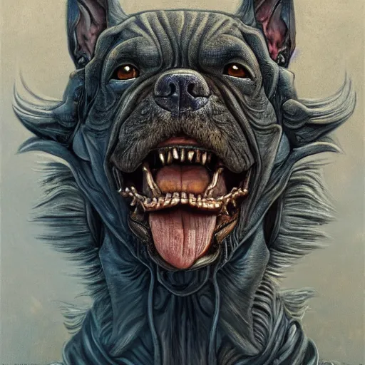 Image similar to low angle shot of a dog by clive barker, intricate, elegant, highly detailed, centered, digital painting, artstation, concept art, smooth, sharp focus, illustration, artgerm, Tomasz Alen Kopera, Peter Mohrbacher donato giancola, Joseph Christian Leyendecker, WLOP, Boris Vallejo.